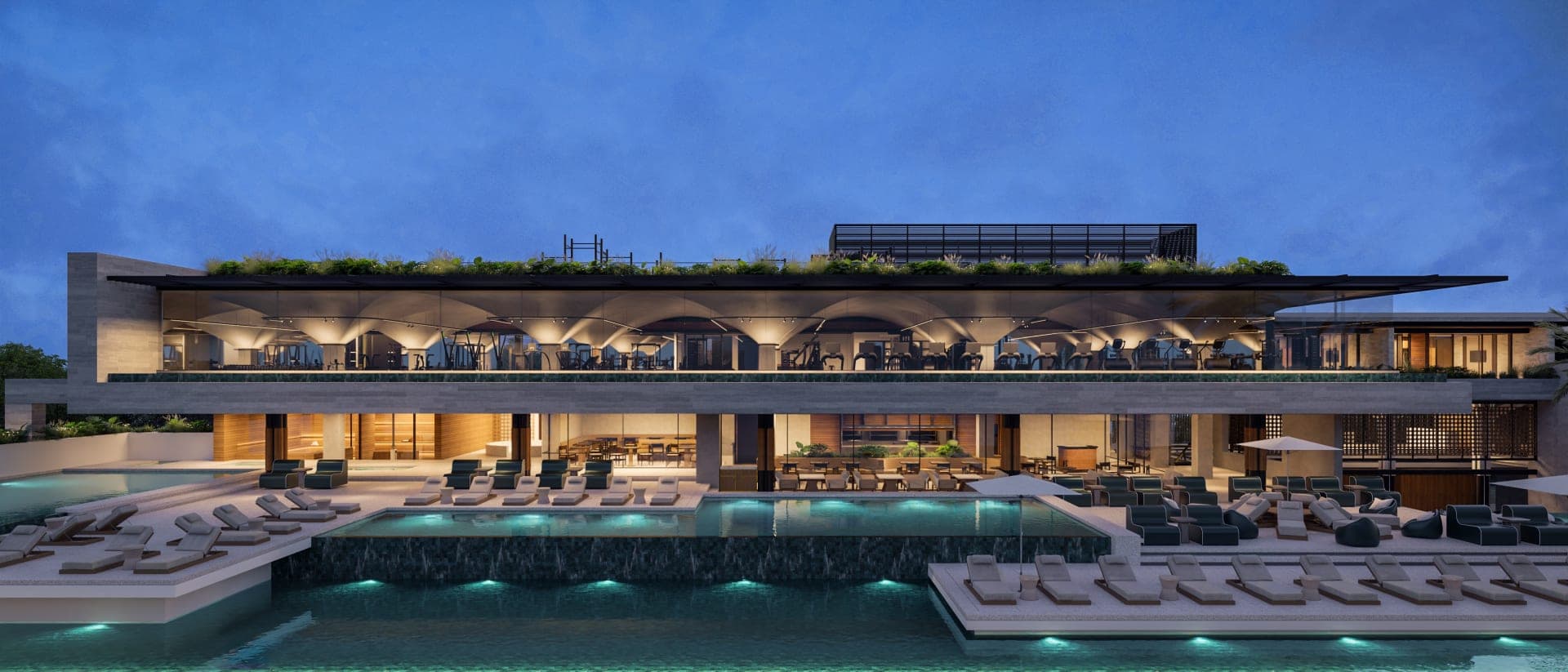 Body Factory Uluwatu, gym and pool at dusk